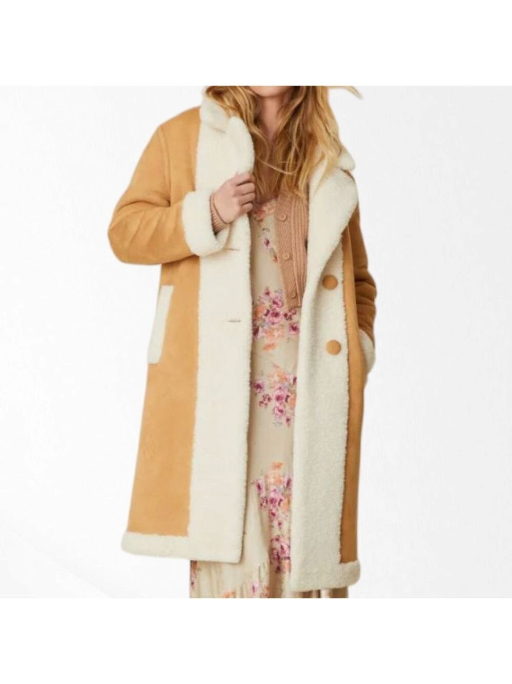 LoveShackFancy Arlington Suede Paneled Faux Shearling Coat - Picture 2 of 10